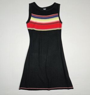 Vintage French Curve Rare 90s Black Rainbow Stripe Knit Mini Dress Size Small